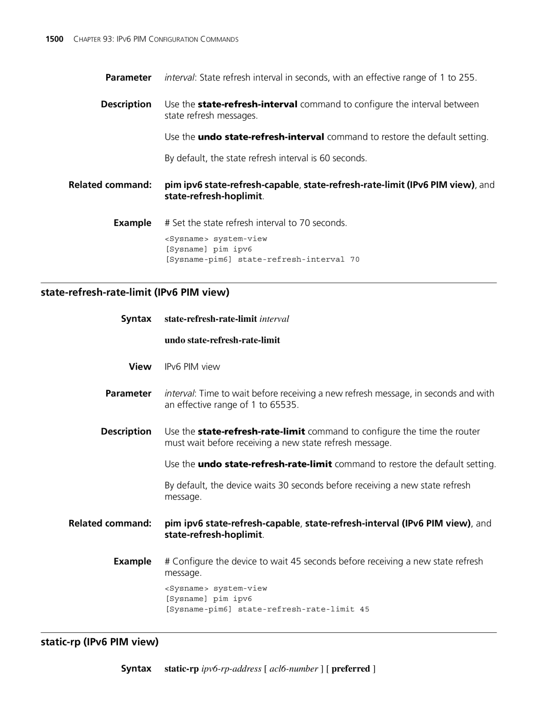 3Com MSR 30, MSR 50 manual State-refresh-rate-limit IPv6 PIM view, Static-rp IPv6 PIM view 