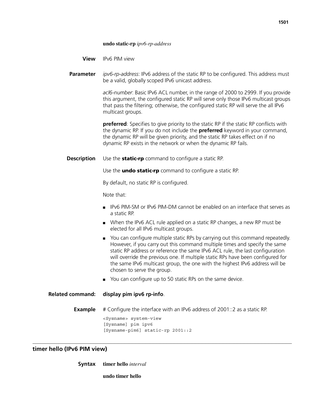 3Com MSR 50 Timer hello IPv6 PIM view, Undo static-rp ipv6-rp-address, Related command display pim ipv6 rp-info, 1501 