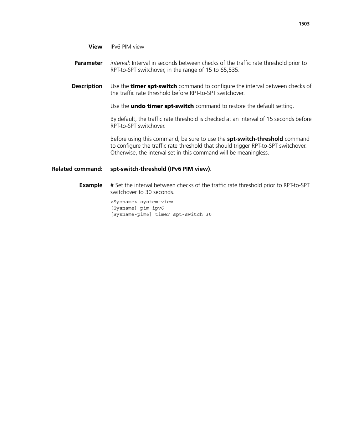 3Com MSR 50, MSR 30 manual Related command spt-switch-threshold IPv6 PIM view, 1503 