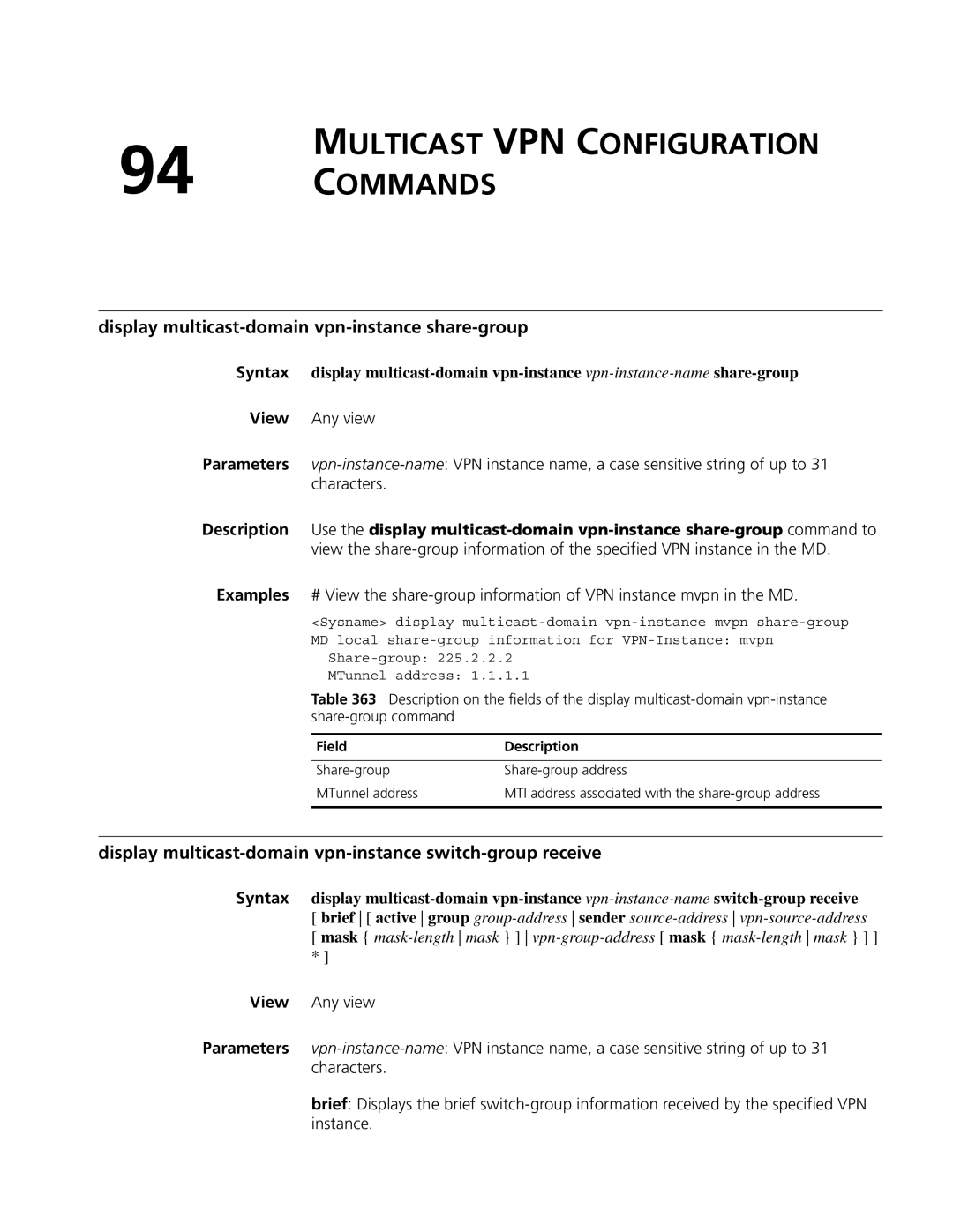 3Com MSR 50, MSR 30 manual Multicast VPN Configuration Commands, Display multicast-domain vpn-instance share-group 