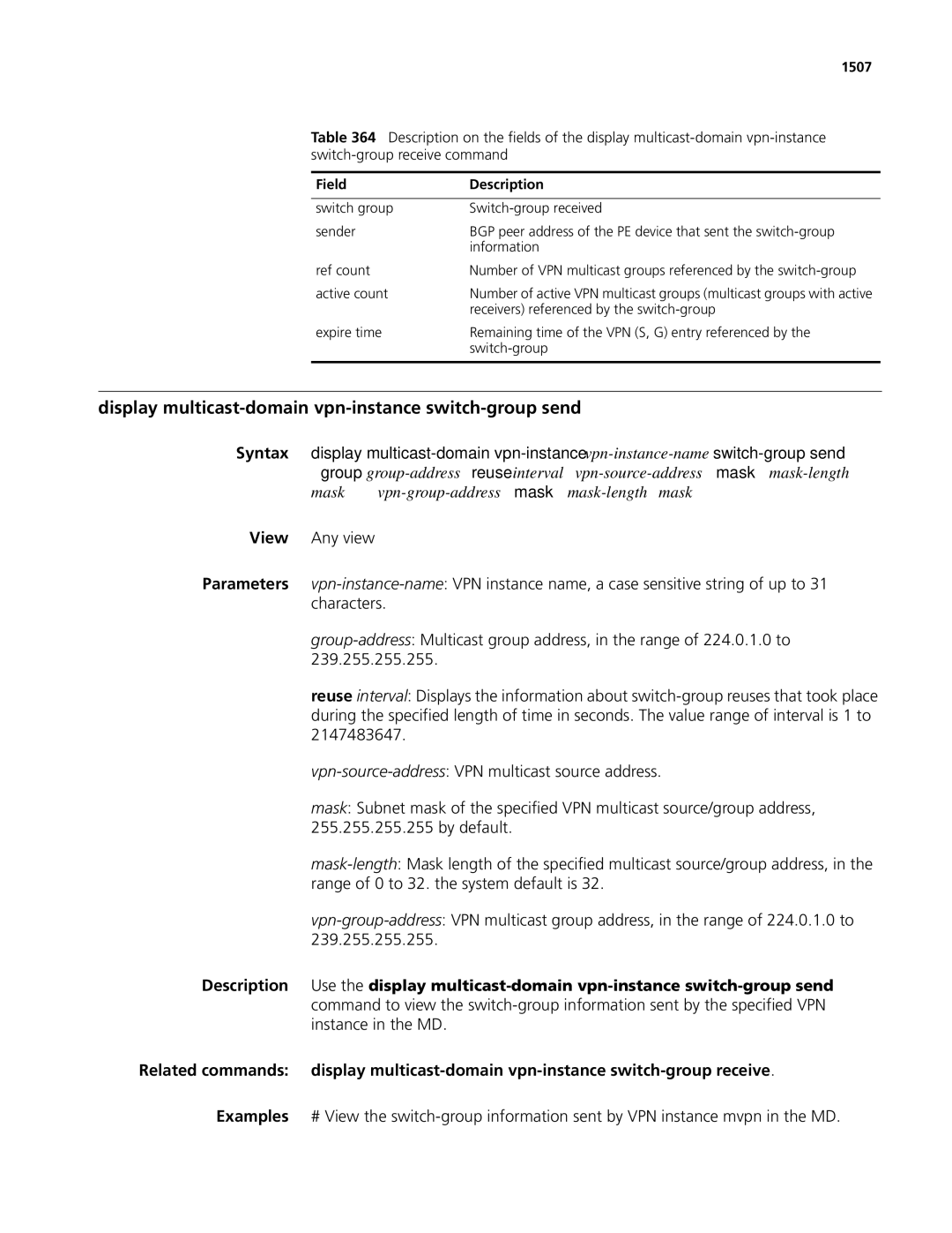 3Com MSR 50, MSR 30 manual Display multicast-domain vpn-instance switch-group send, 1507 