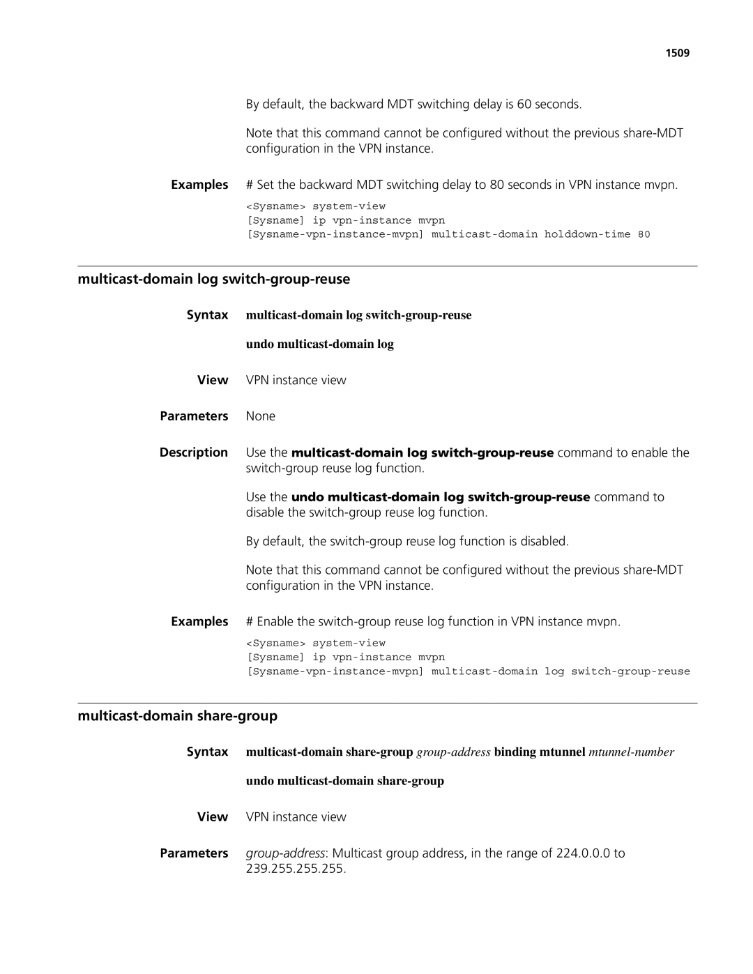 3Com MSR 50, MSR 30 Multicast-domain log switch-group-reuse, Multicast-domain share-group, View VPN instance view, 1509 