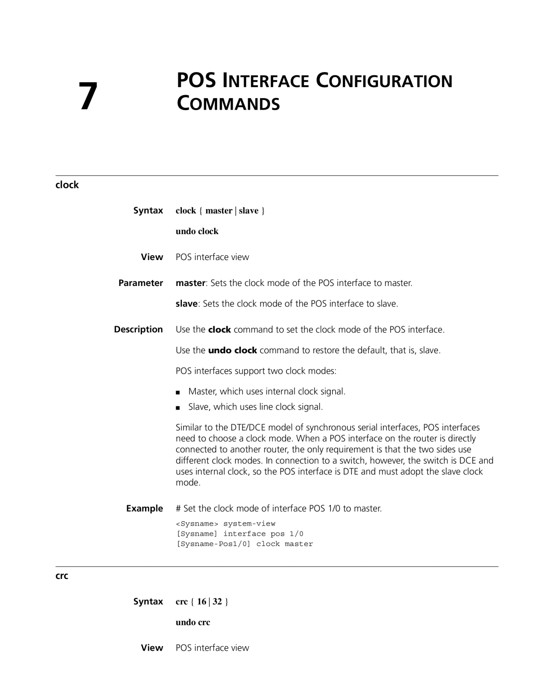 3Com MSR 50, MSR 30 manual POS Interface Configuration Commands, Crc, Syntax crc 16 Undo crc 