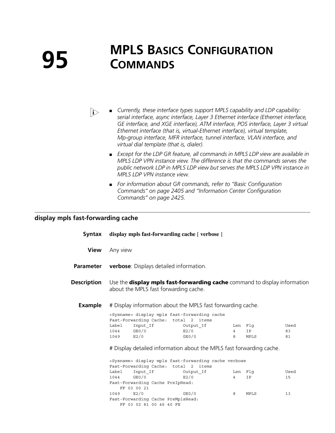 3Com MSR 50, MSR 30 manual Mpls Basics Configuration Commands, Display mpls fast-forwarding cache 