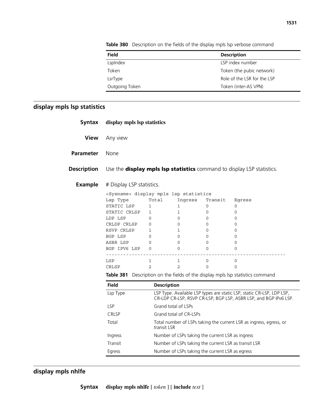 3Com MSR 50, MSR 30 manual Display mpls lsp statistics, Display mpls nhlfe, Syntax display mpls lsp statistics, 1531 