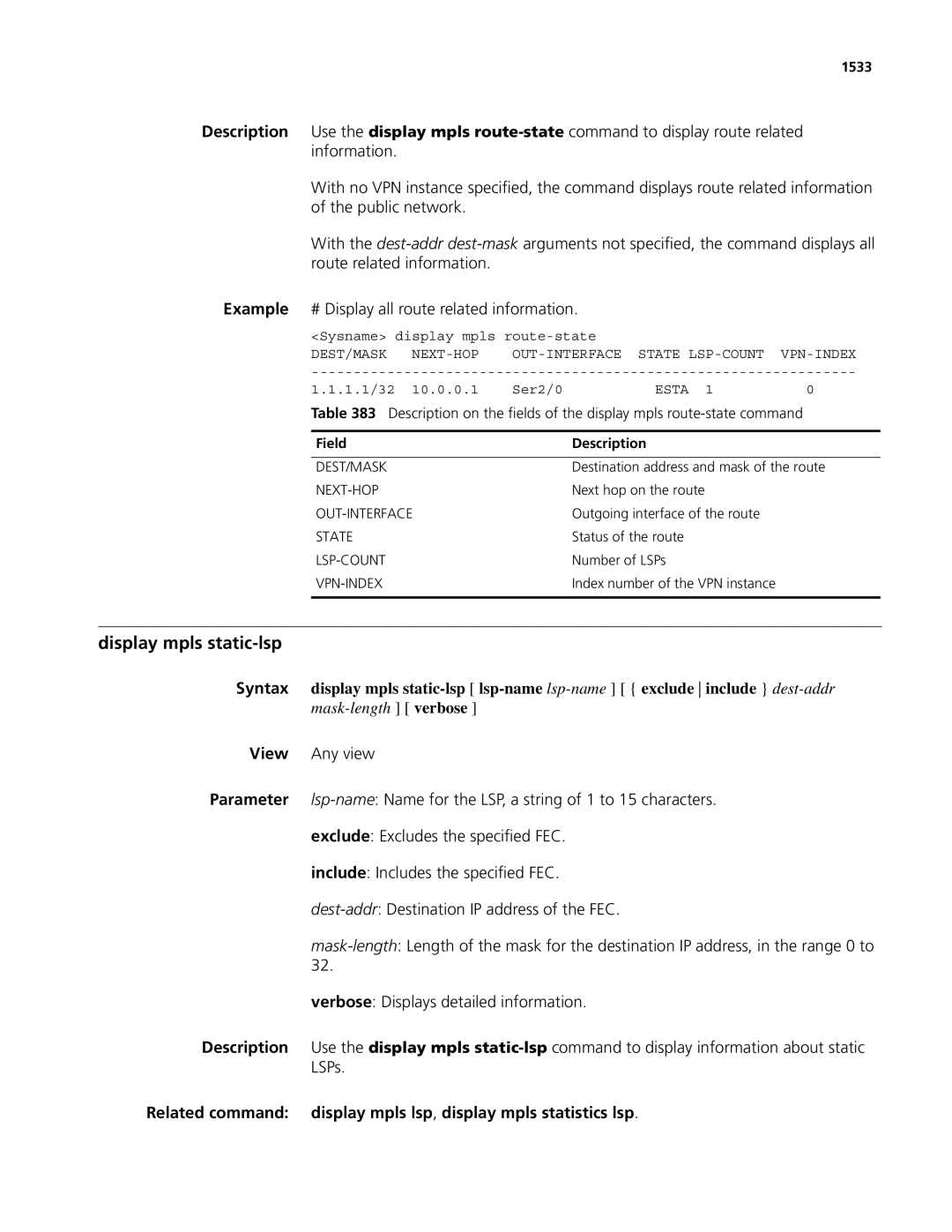 3Com MSR 50, MSR 30 manual Display mpls static-lsp, 1533 
