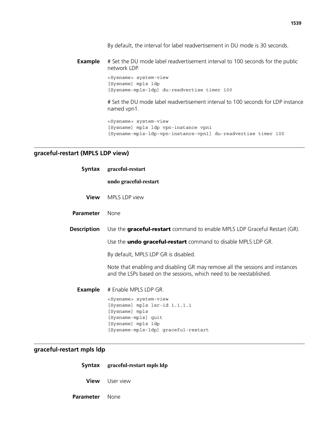 3Com MSR 50, MSR 30 manual Graceful-restart Mpls LDP view, Graceful-restart mpls ldp, View Mpls LDP view, 1539 