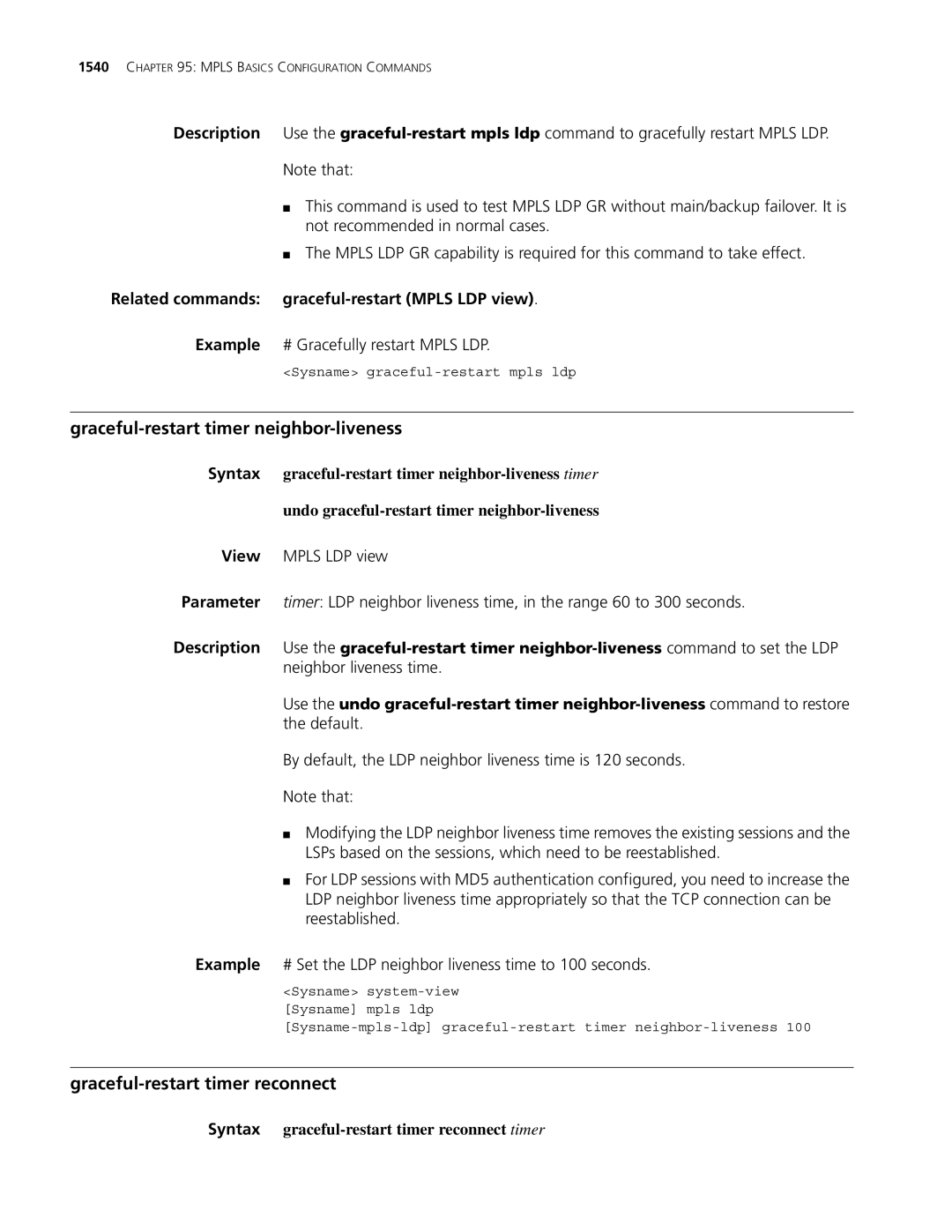 3Com MSR 30, MSR 50 manual Graceful-restart timer neighbor-liveness, Graceful-restart timer reconnect 