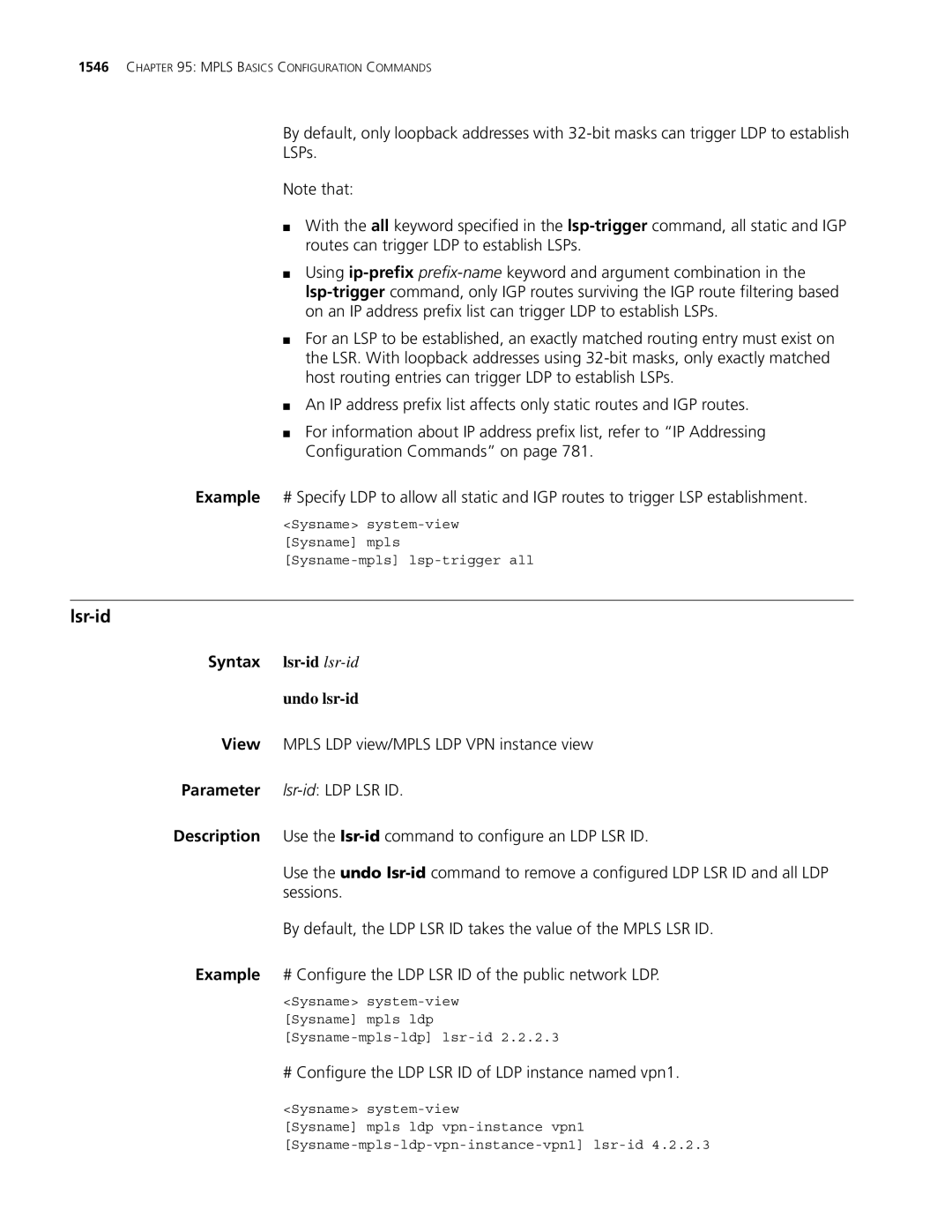 3Com MSR 30, MSR 50 manual Lsr-id, Syntax lsr-idlsr-id, Undo lsr-id, # Configure the LDP LSR ID of LDP instance named vpn1 