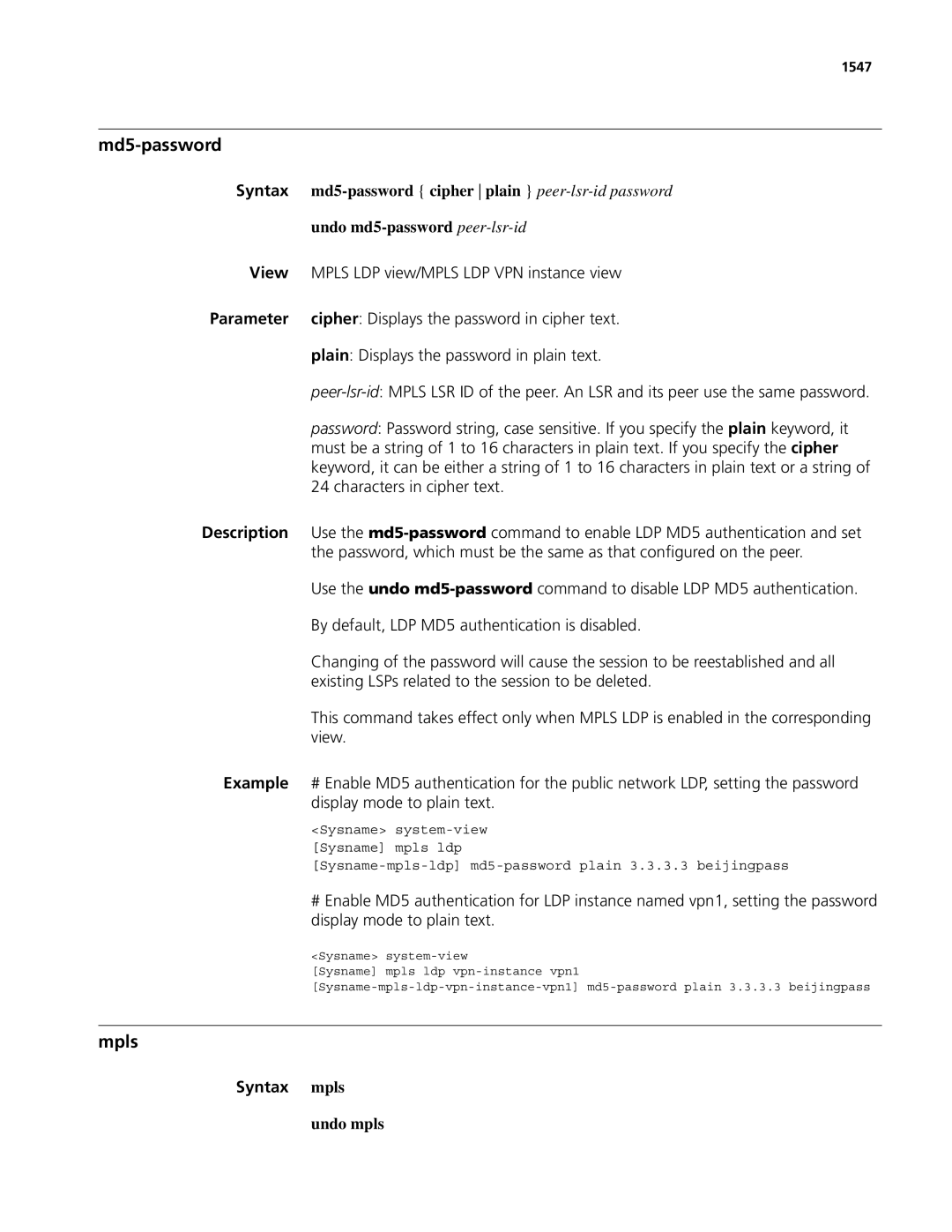 3Com MSR 50, MSR 30 manual Md5-password, Mpls, Syntax mpls, Undo mpls, 1547 