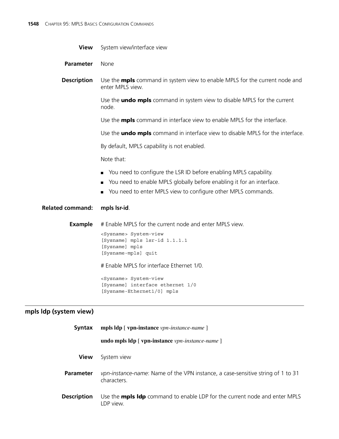 3Com MSR 30, MSR 50 manual Mpls ldp system view, View System view/interface view, Related command mpls lsr-id 