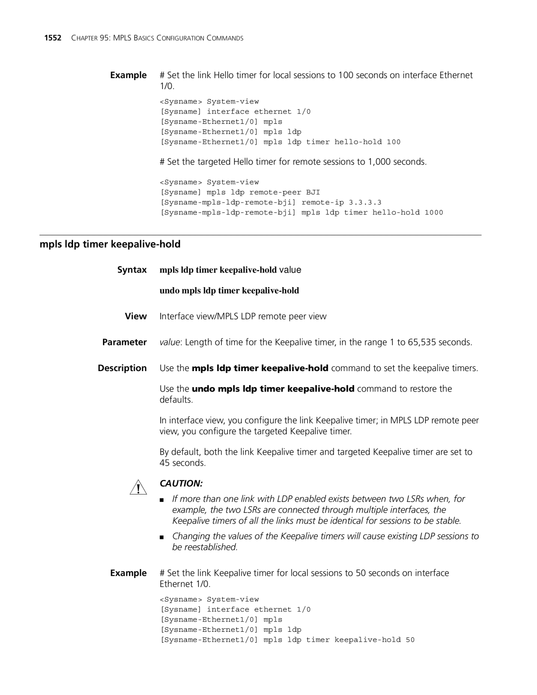 3Com MSR 30, MSR 50 manual Mpls ldp timer keepalive-hold 