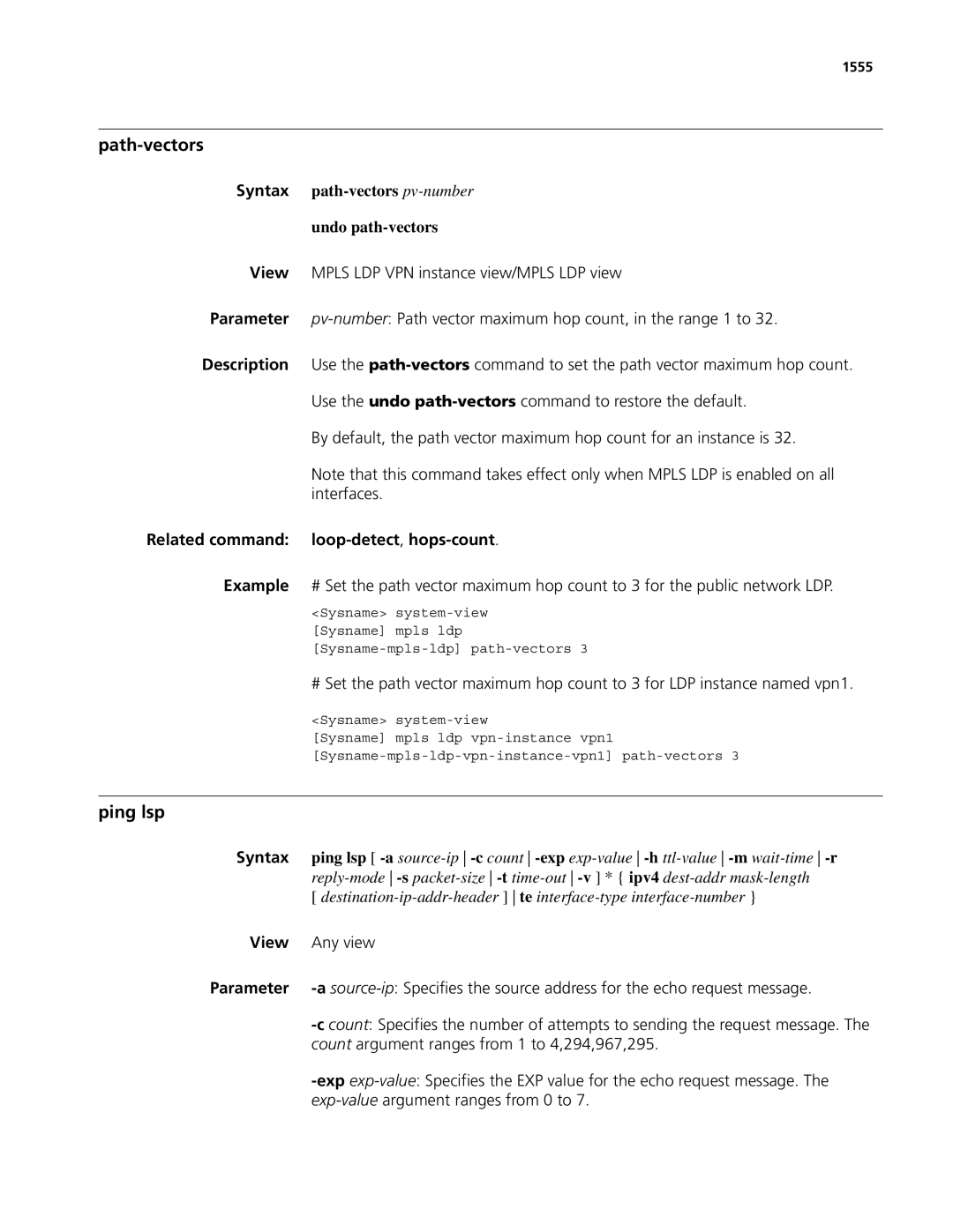 3Com MSR 50, MSR 30 manual Path-vectors, Ping lsp, Syntax path-vectors pv-number Undo path-vectors 