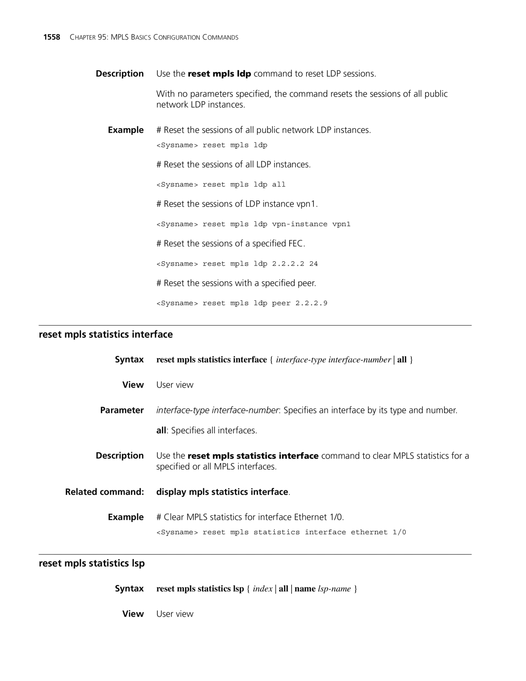 3Com MSR 30, MSR 50 manual Reset mpls statistics interface, Reset mpls statistics lsp 