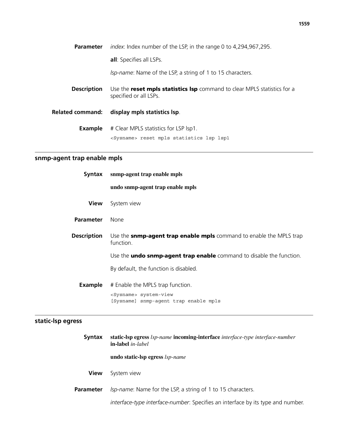 3Com MSR 50, MSR 30 manual Snmp-agent trap enable mpls, Static-lsp egress, Related command display mpls statistics lsp 