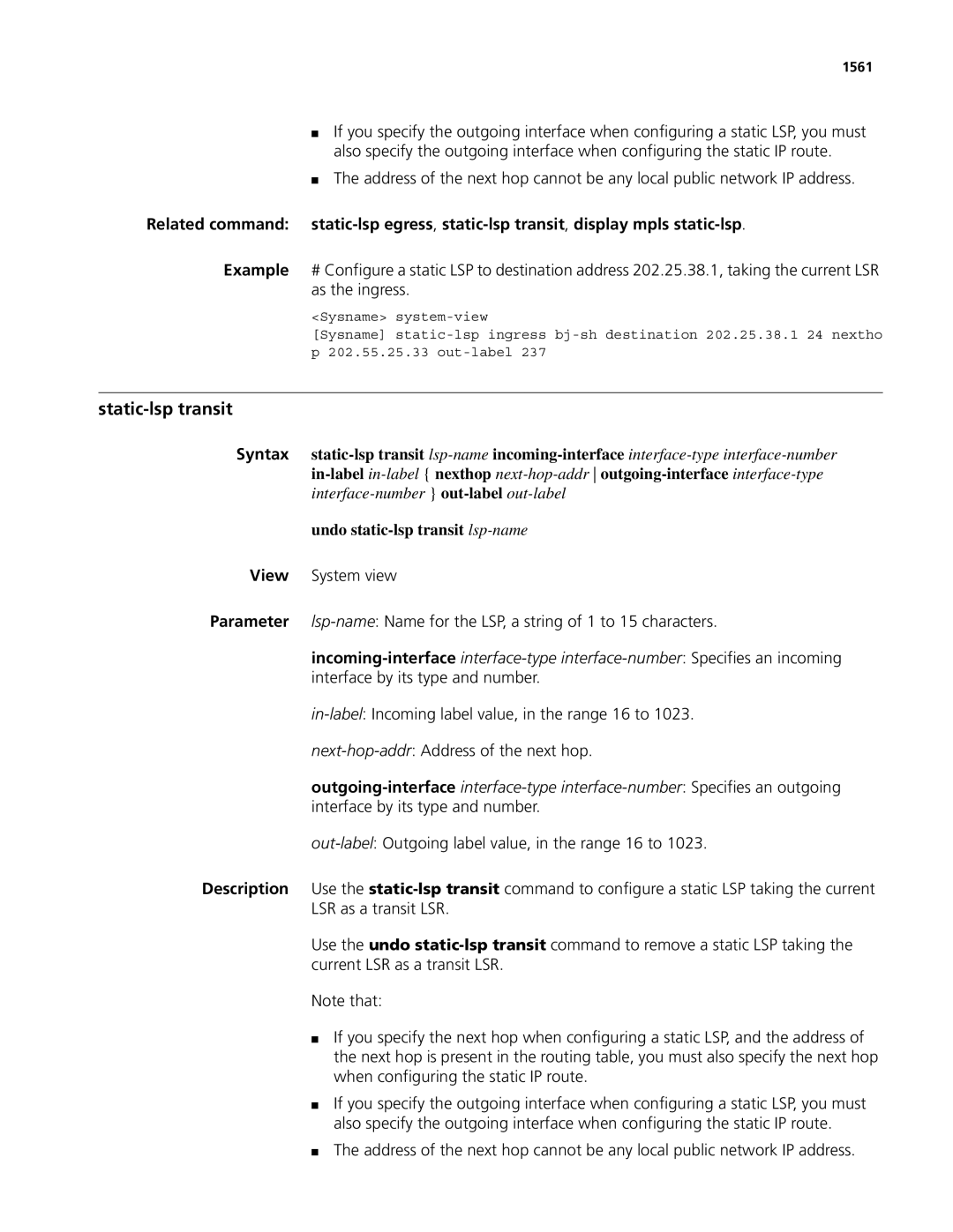 3Com MSR 50, MSR 30 manual Static-lsp transit, Undo static-lsp transit lsp-name, 1561 