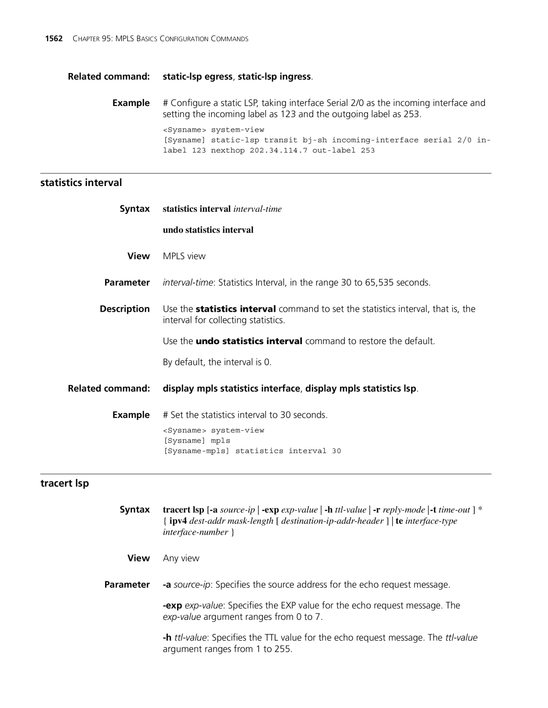 3Com MSR 30, MSR 50 manual Statistics interval, Tracert lsp, Related command static-lsp egress, static-lsp ingress 