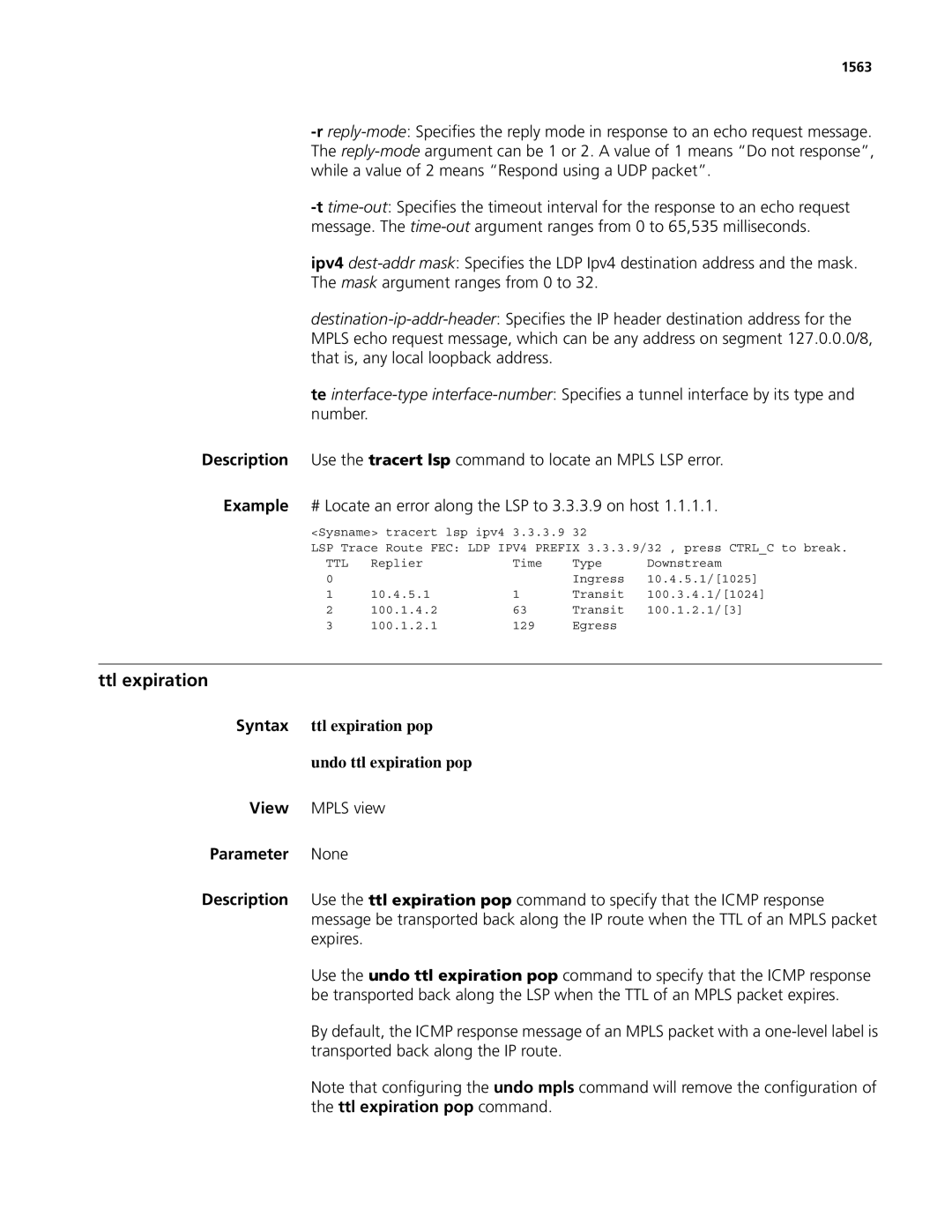 3Com MSR 50, MSR 30 manual Undo ttl expiration pop, Ttl expiration pop command 