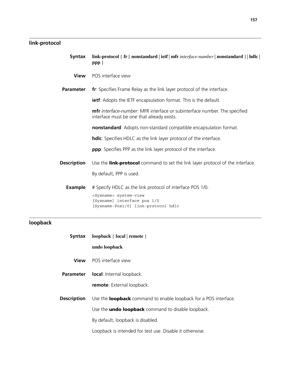 3Com MSR 50, MSR 30 manual Link-protocol, Loopback local remote, Local Internal loopback, Remote External loopback, 157 