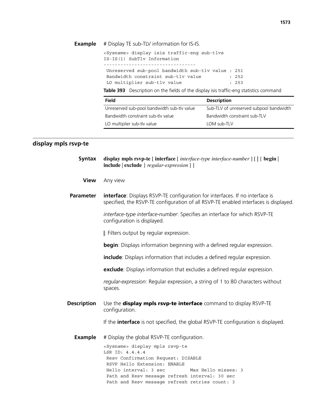 3Com MSR 50, MSR 30 manual Display mpls rsvp-te 