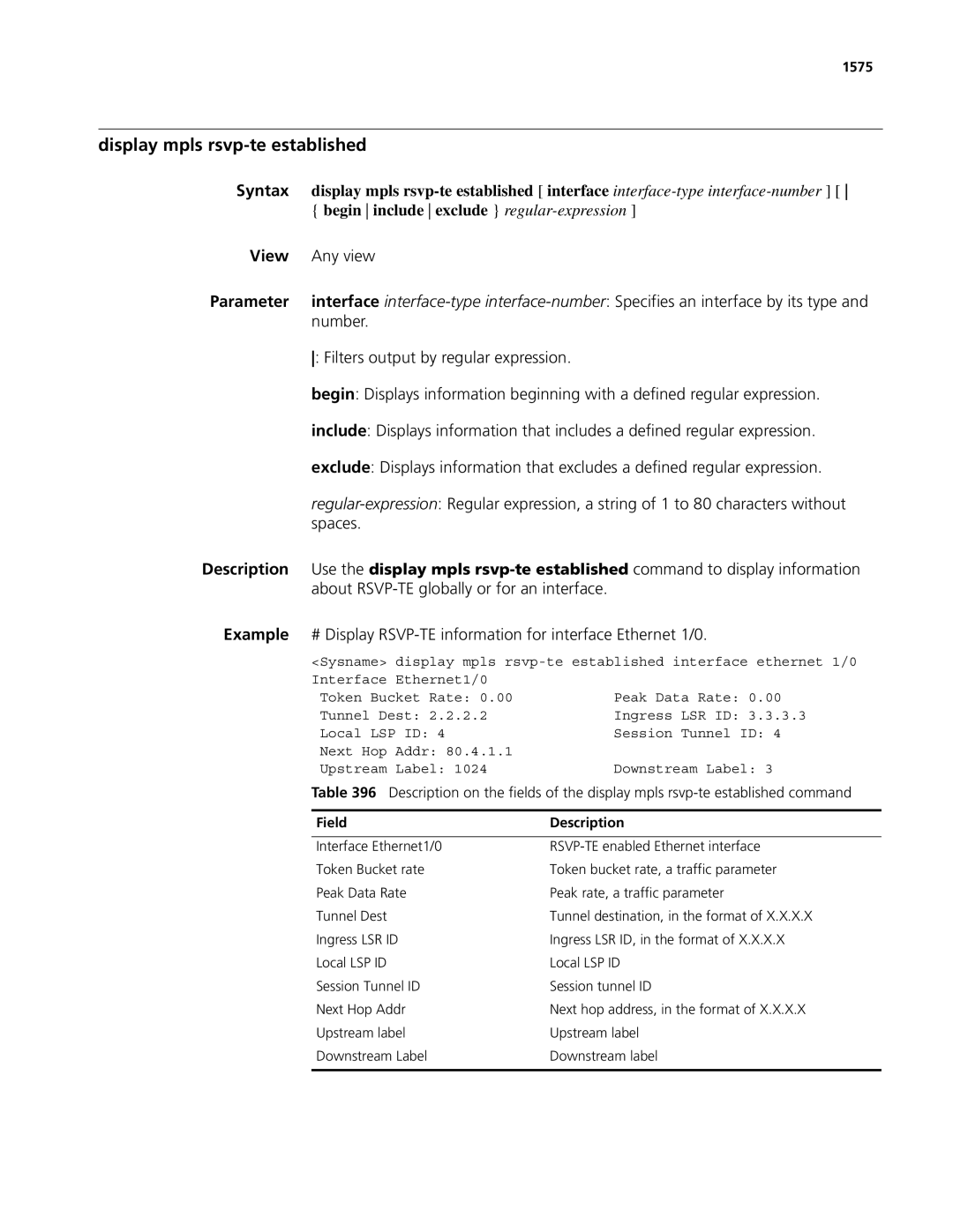 3Com MSR 50, MSR 30 manual Display mpls rsvp-te established, Begin include exclude regular-expression, 1575 