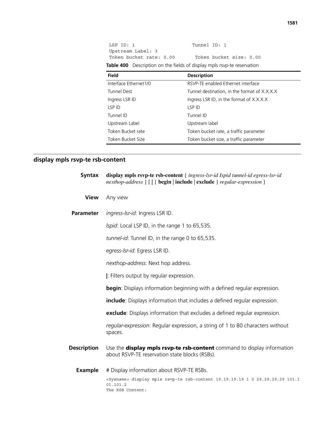 3Com MSR 50, MSR 30 manual Display mpls rsvp-te rsb-content, 1581, Lsp Id 