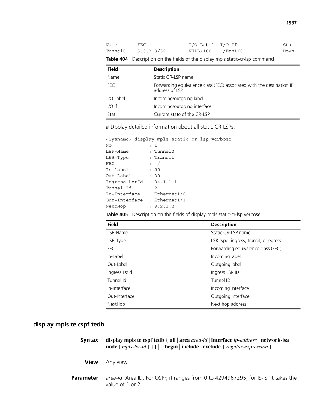 3Com MSR 50, MSR 30 manual Display mpls te cspf tedb, # Display detailed information about all static CR-LSPs, 1587 