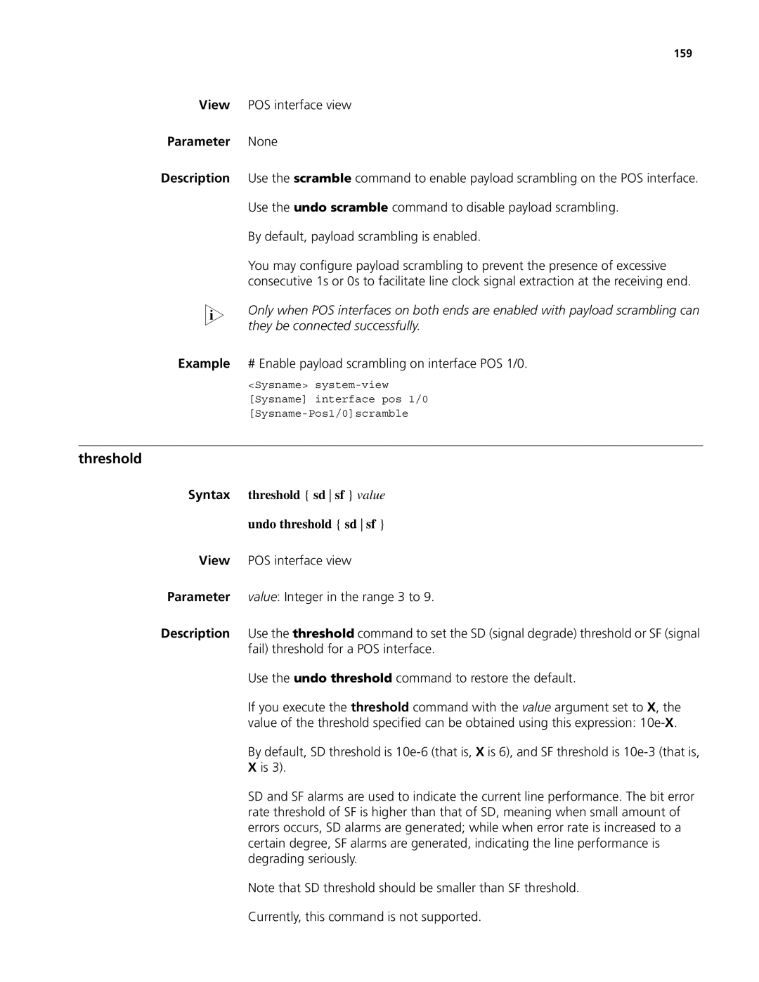 3Com MSR 50, MSR 30 manual Threshold, Example # Enable payload scrambling on interface POS 1/0, 159 
