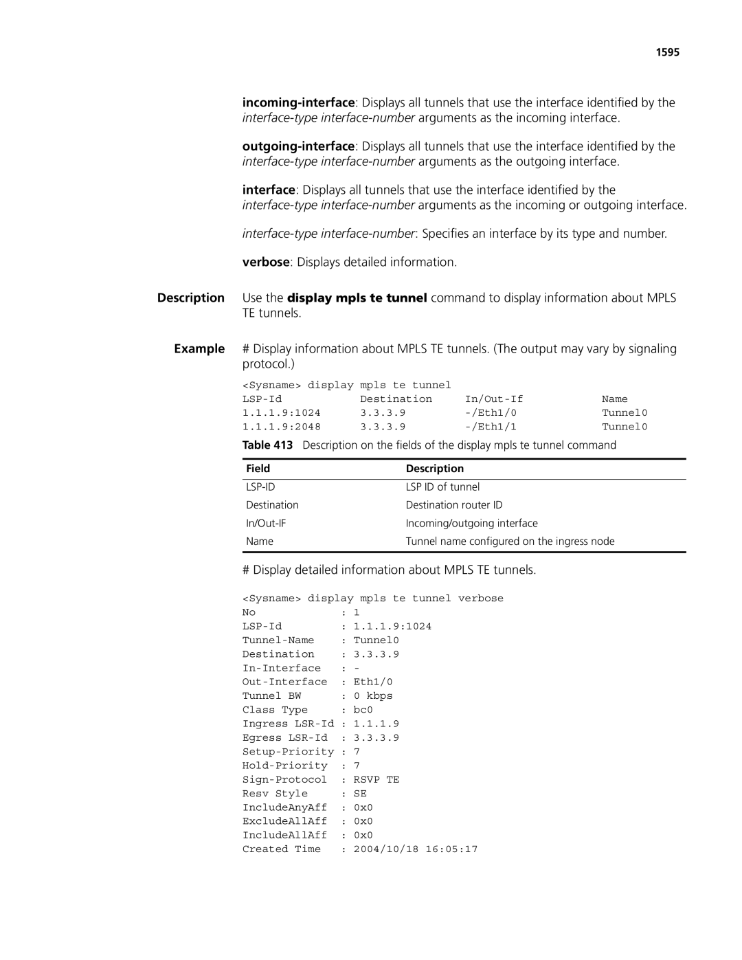 3Com MSR 50, MSR 30 manual # Display detailed information about Mpls TE tunnels, 1595, Lsp-Id 