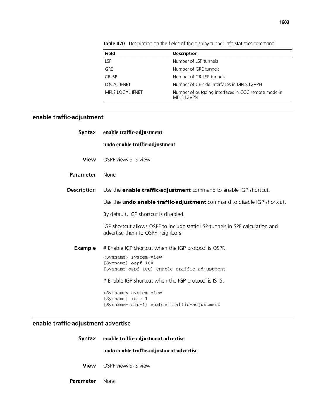 3Com MSR 50, MSR 30 manual Enable traffic-adjustment advertise, View Ospf view/IS-IS view, 1603 