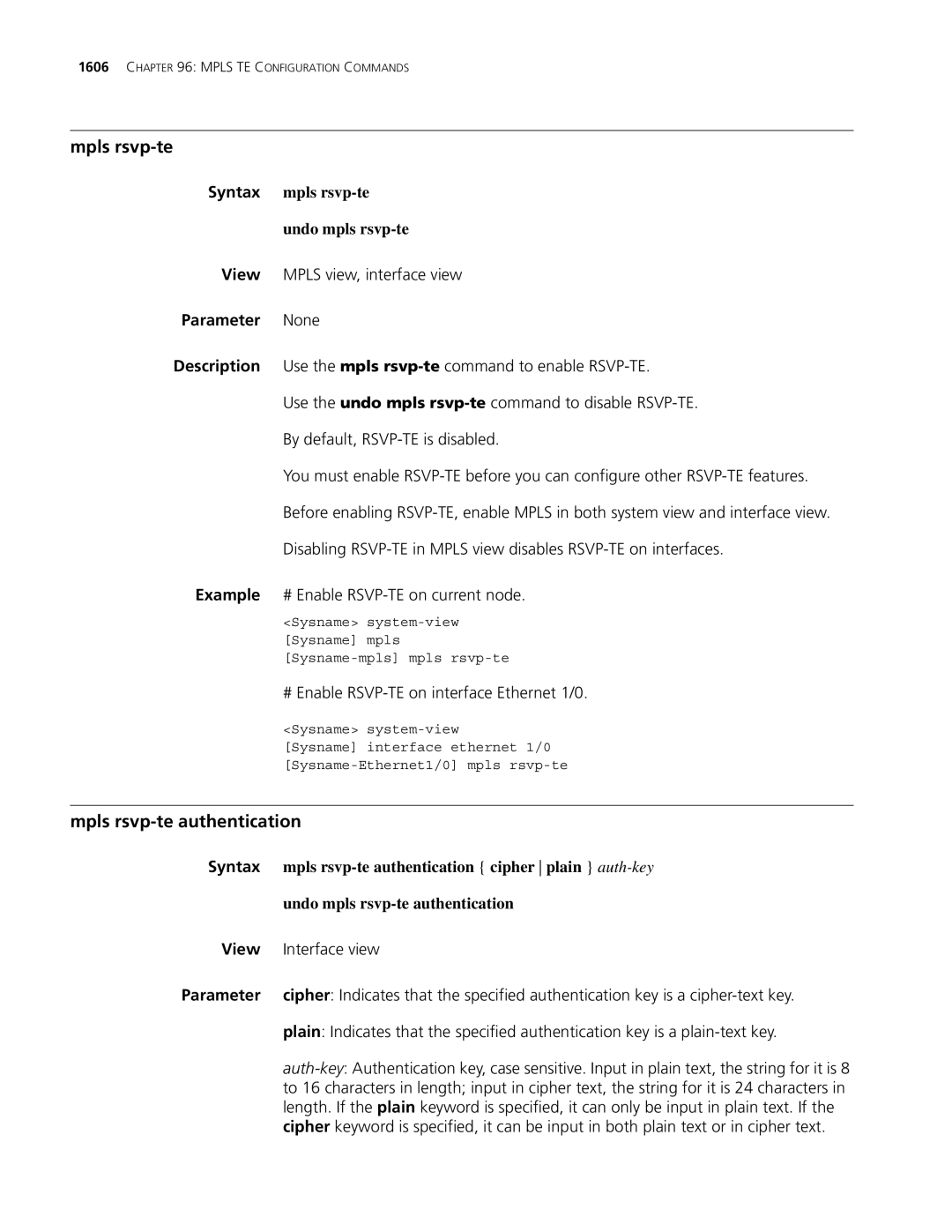 3Com MSR 30 manual Mpls rsvp-te authentication, Syntax mpls rsvp-te Undo mpls rsvp-te, Undo mpls rsvp-te authentication 