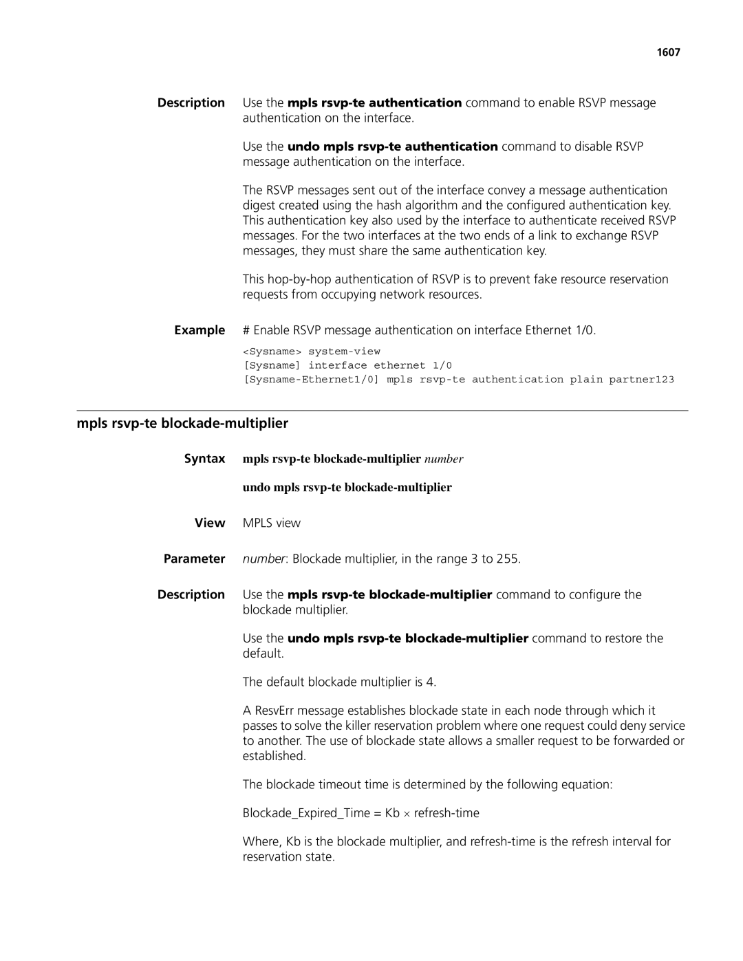 3Com MSR 50, MSR 30 manual Mpls rsvp-te blockade-multiplier, 1607 
