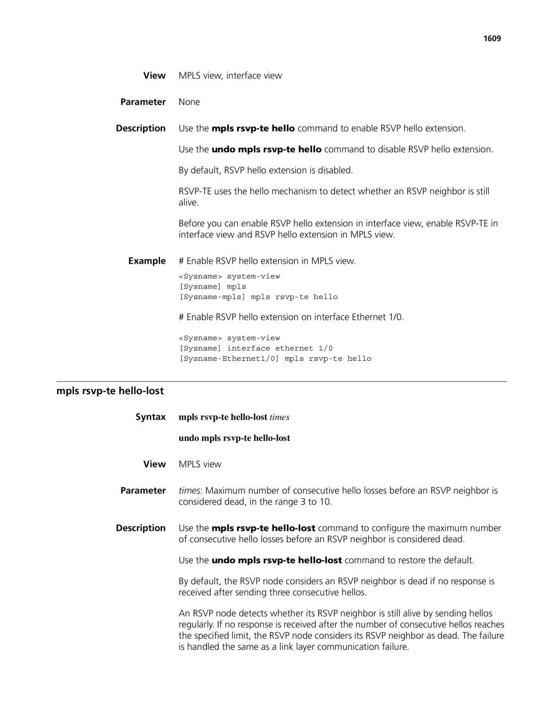 3Com MSR 50, MSR 30 manual Mpls rsvp-te hello-lost, # Enable Rsvp hello extension on interface Ethernet 1/0, 1609 
