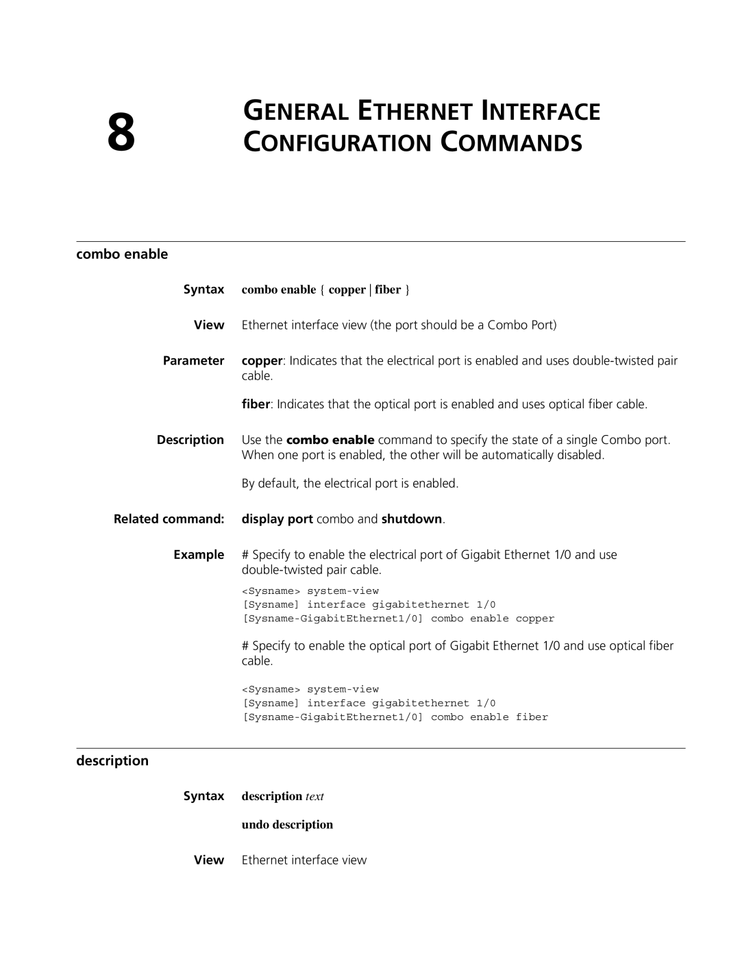 3Com MSR 50, MSR 30 manual General Ethernet Interface Configuration Commands, Combo enable, Description 