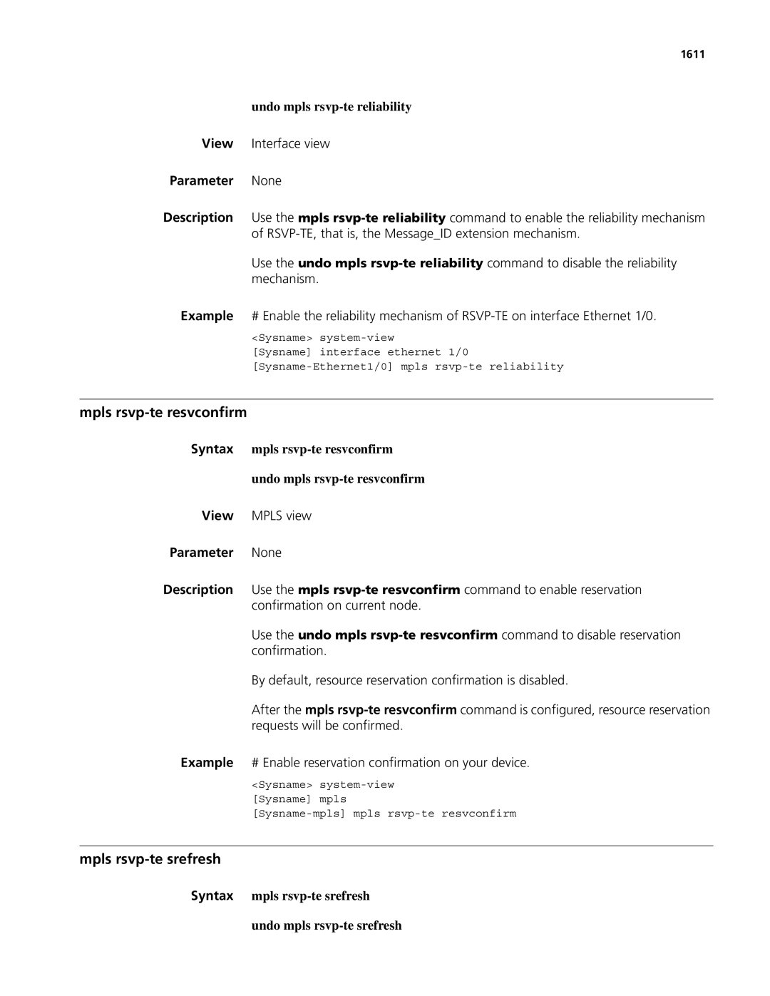 3Com MSR 50, MSR 30 manual Mpls rsvp-te resvconfirm, Mpls rsvp-te srefresh 