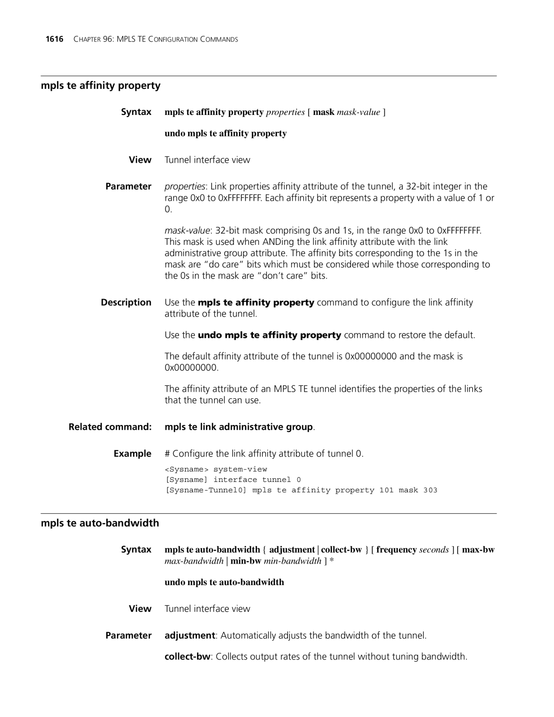 3Com MSR 30, MSR 50 Mpls te affinity property, Mpls te auto-bandwidth, Related command mpls te link administrative group 