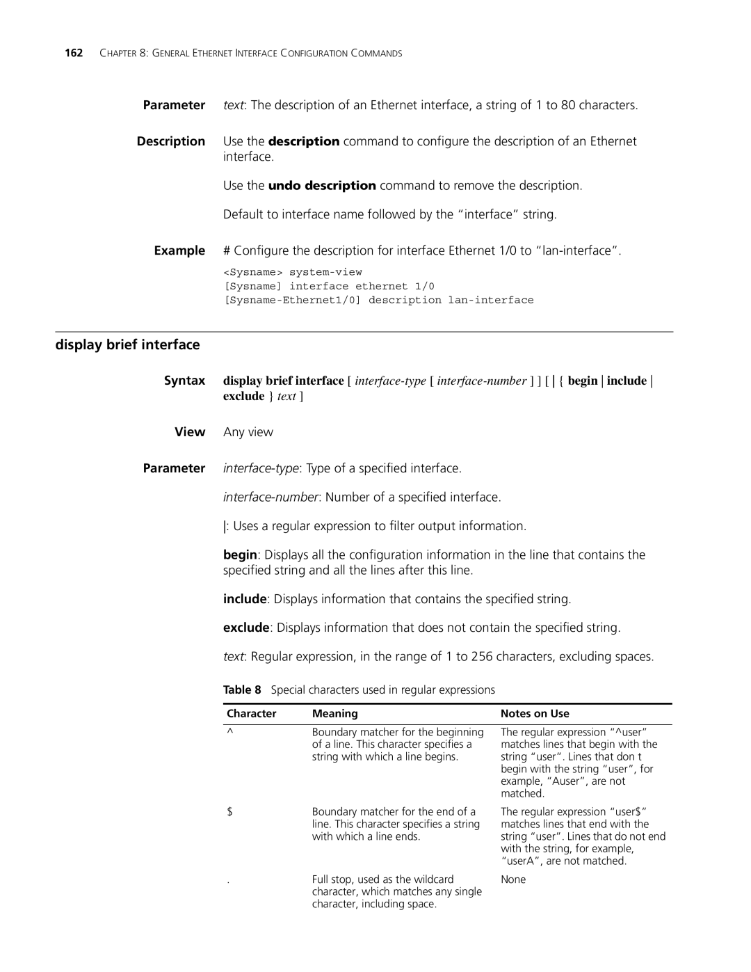 3Com MSR 30, MSR 50 manual Display brief interface, Special characters used in regular expressions, Character Meaning 