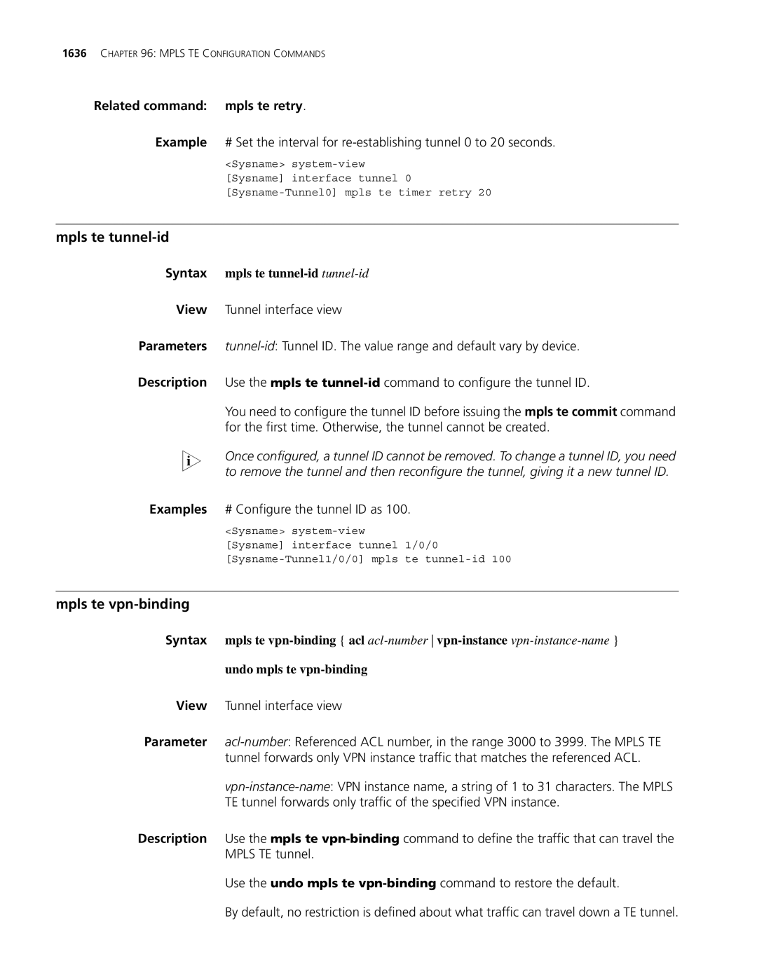 3Com MSR 30 Mpls te tunnel-id, Mpls te vpn-binding, Related command mpls te retry, Syntax mpls te tunnel-id tunnel-id 