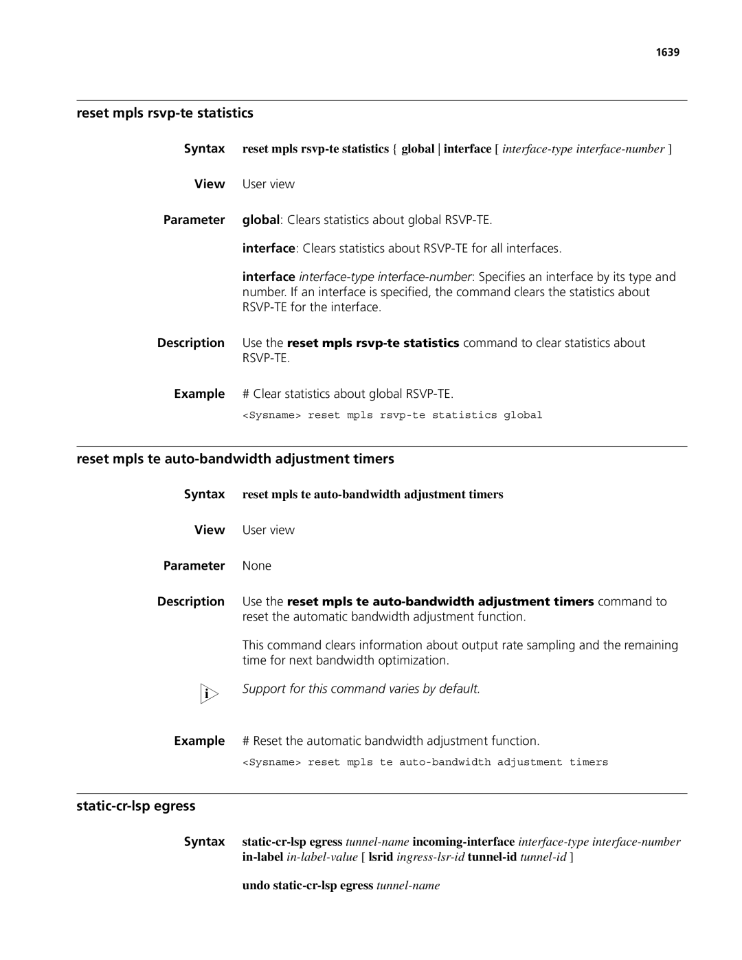 3Com MSR 50, MSR 30 Reset mpls rsvp-te statistics, Reset mpls te auto-bandwidth adjustment timers, Static-cr-lsp egress 