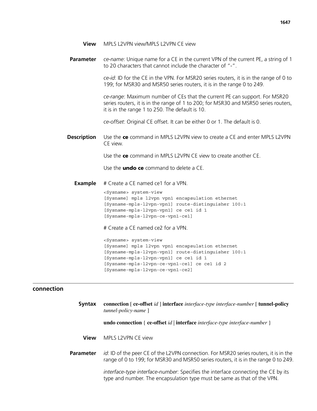 3Com MSR 50, MSR 30 manual Connection, # Create a CE named ce2 for a VPN, View Mpls L2VPN CE view, 1647 