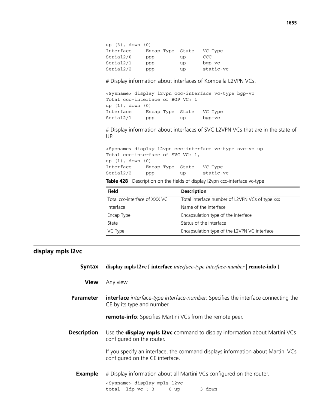 3Com MSR 50, MSR 30 manual Display mpls l2vc, Configured on the router, Configured on the CE interface, 1655 
