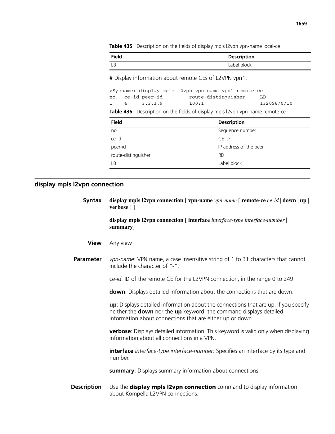 3Com MSR 50, MSR 30 manual Display mpls l2vpn connection, # Display information about remote CEs of L2VPN vpn1, 1659 