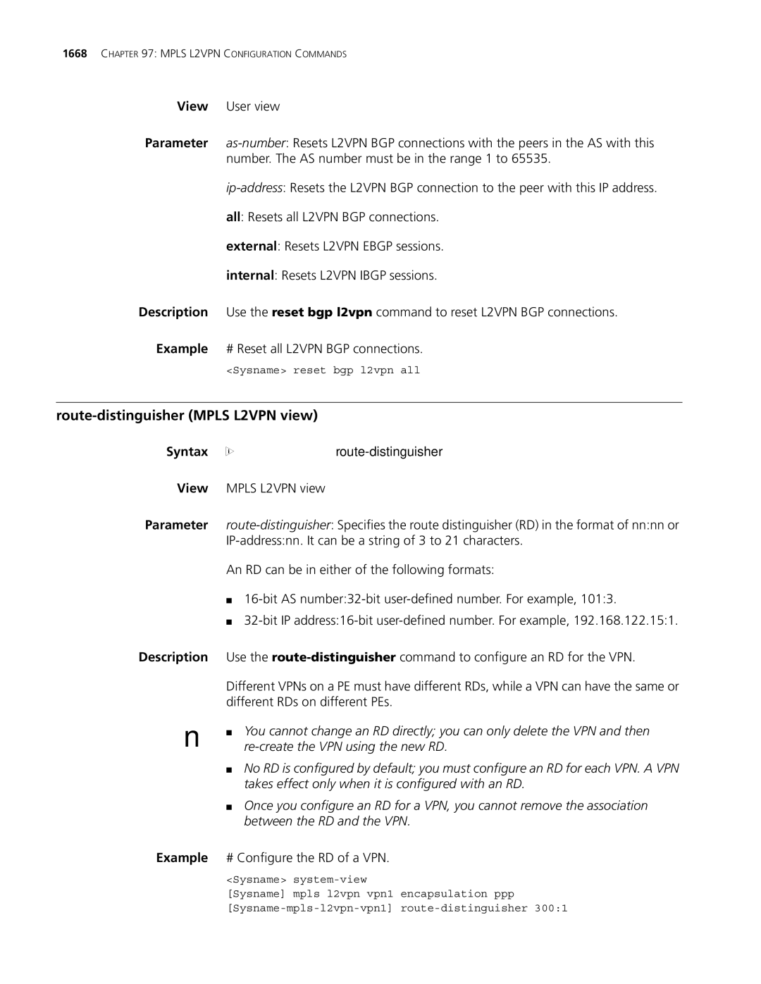 3Com MSR 30 manual Route-distinguisher Mpls L2VPN view, Route-distinguisher route-distinguisher, Between the RD and the VPN 