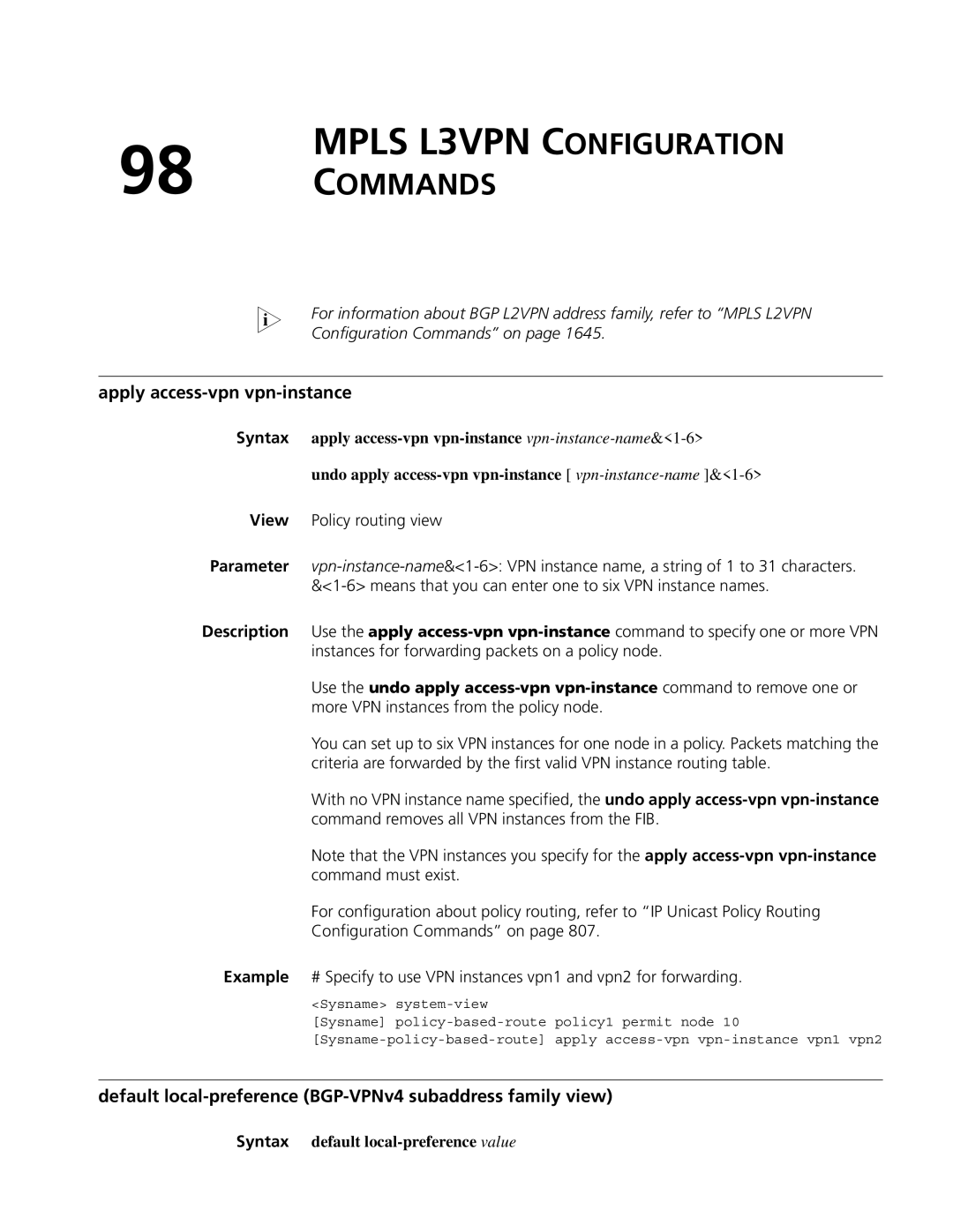 3Com MSR 50, MSR 30 manual Apply access-vpn vpn-instance, Default local-preference BGP-VPNv4 subaddress family view 