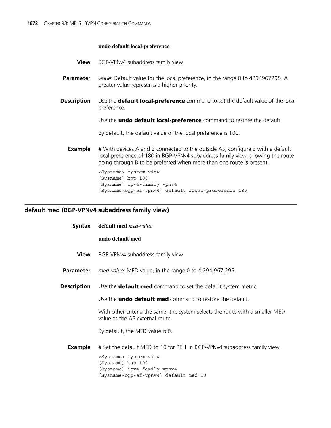 3Com MSR 30, MSR 50 manual Default med BGP-VPNv4 subaddress family view, Undo default local-preference 