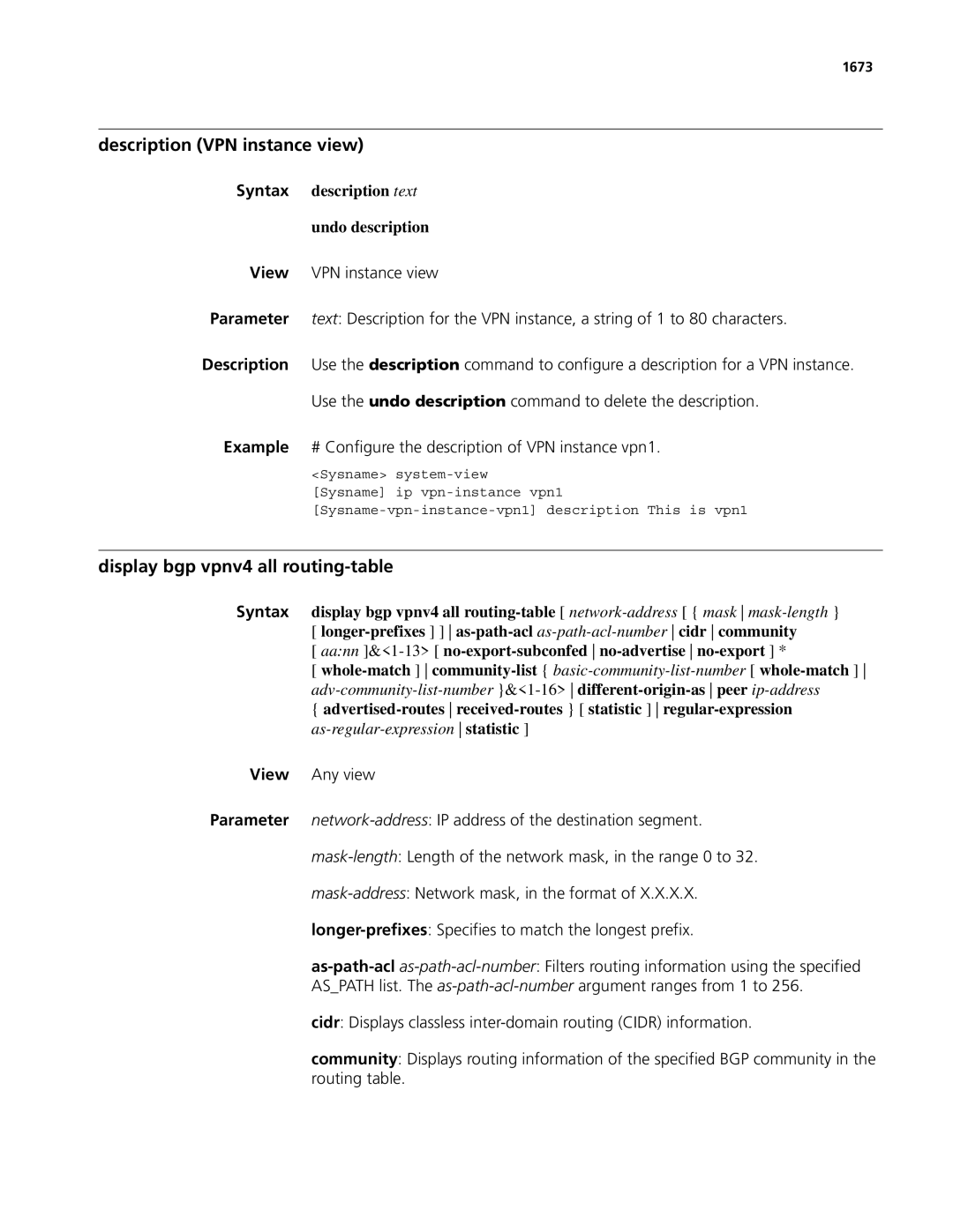 3Com MSR 50, MSR 30 manual Description VPN instance view, Display bgp vpnv4 all routing-table, 1673 