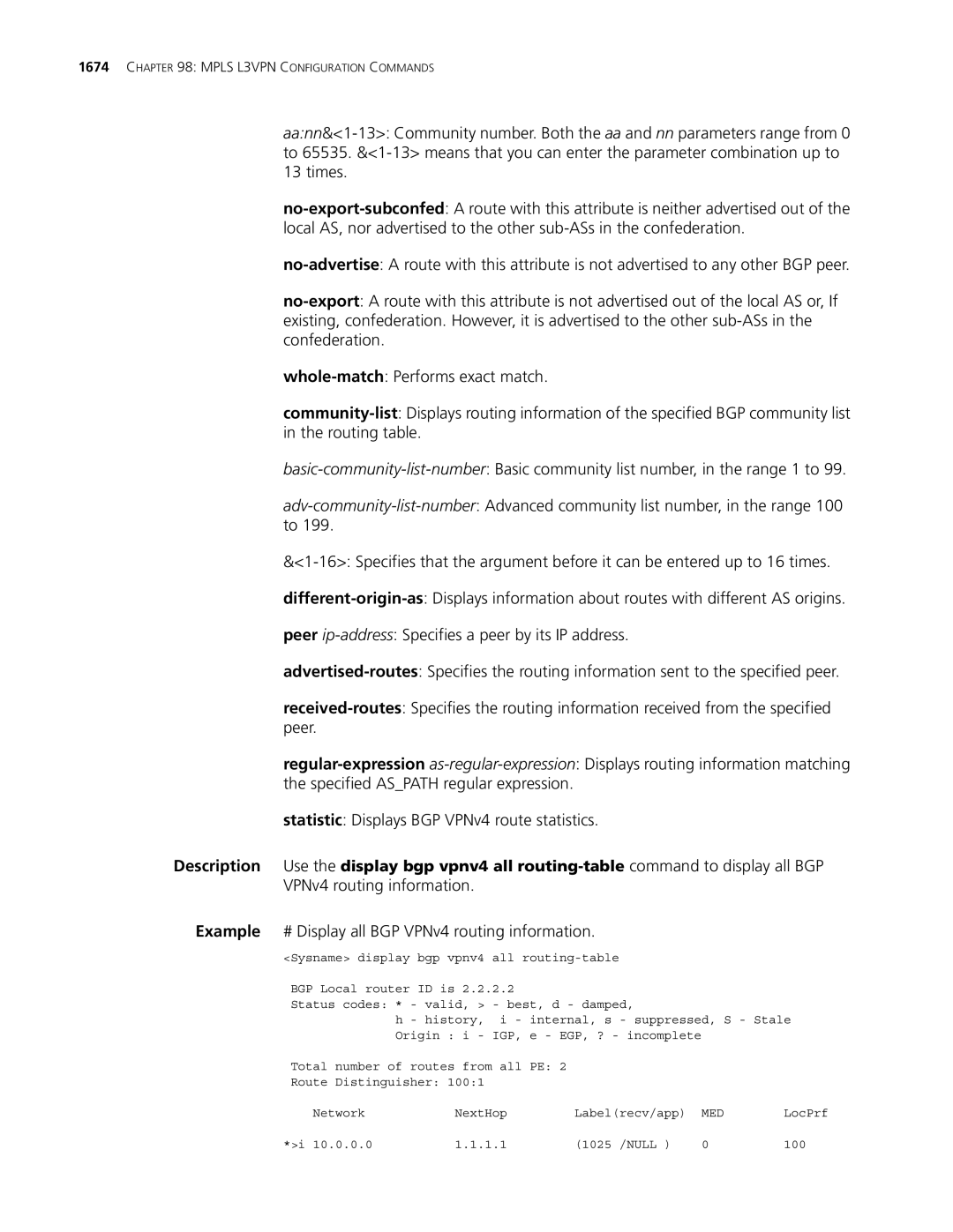 3Com MSR 30, MSR 50 manual Example # Display all BGP VPNv4 routing information 