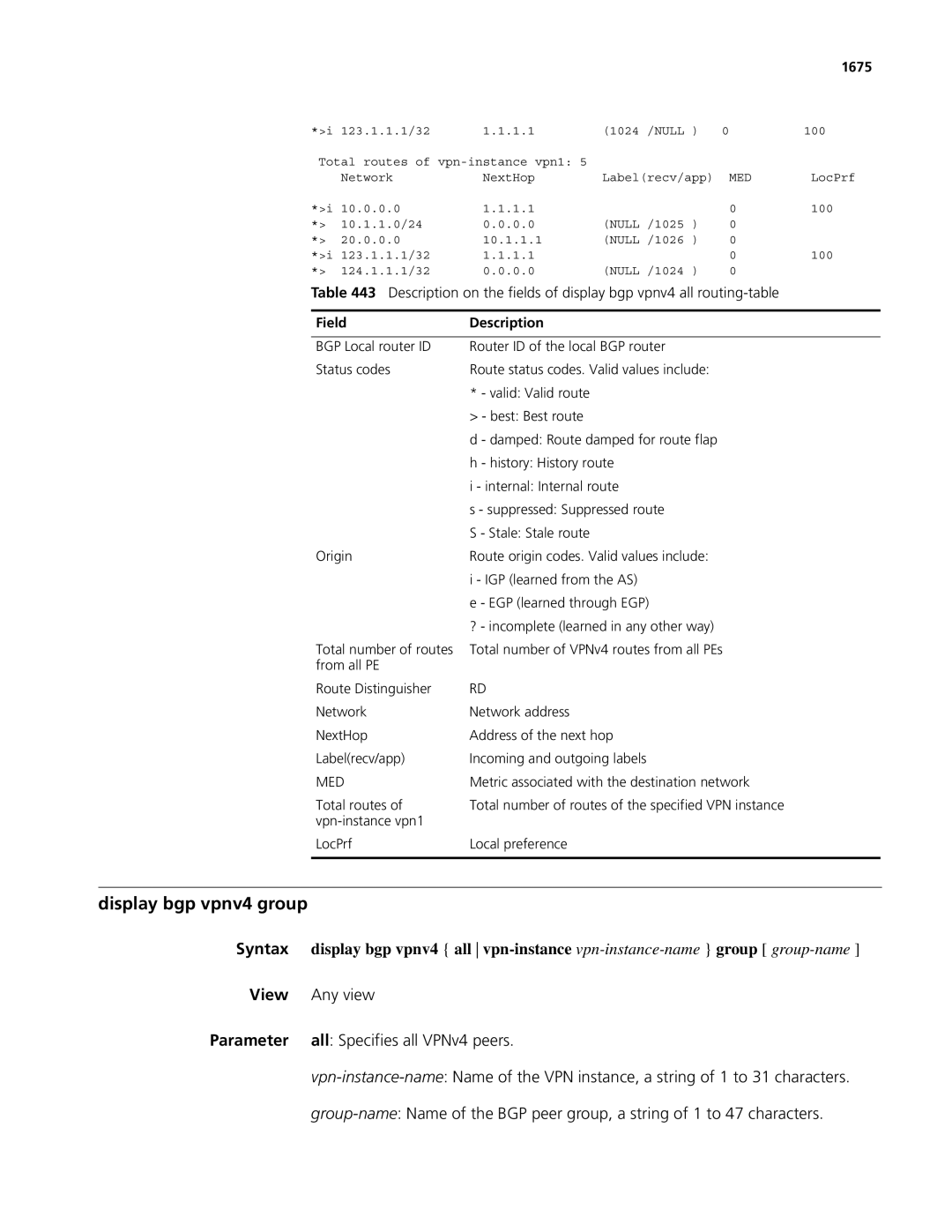 3Com MSR 50, MSR 30 manual Display bgp vpnv4 group, All Specifies all VPNv4 peers, 1675 