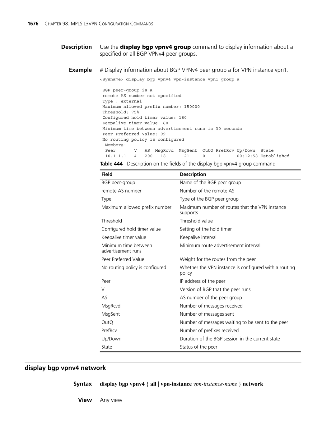 3Com MSR 30, MSR 50 manual Display bgp vpnv4 network, View Any view 