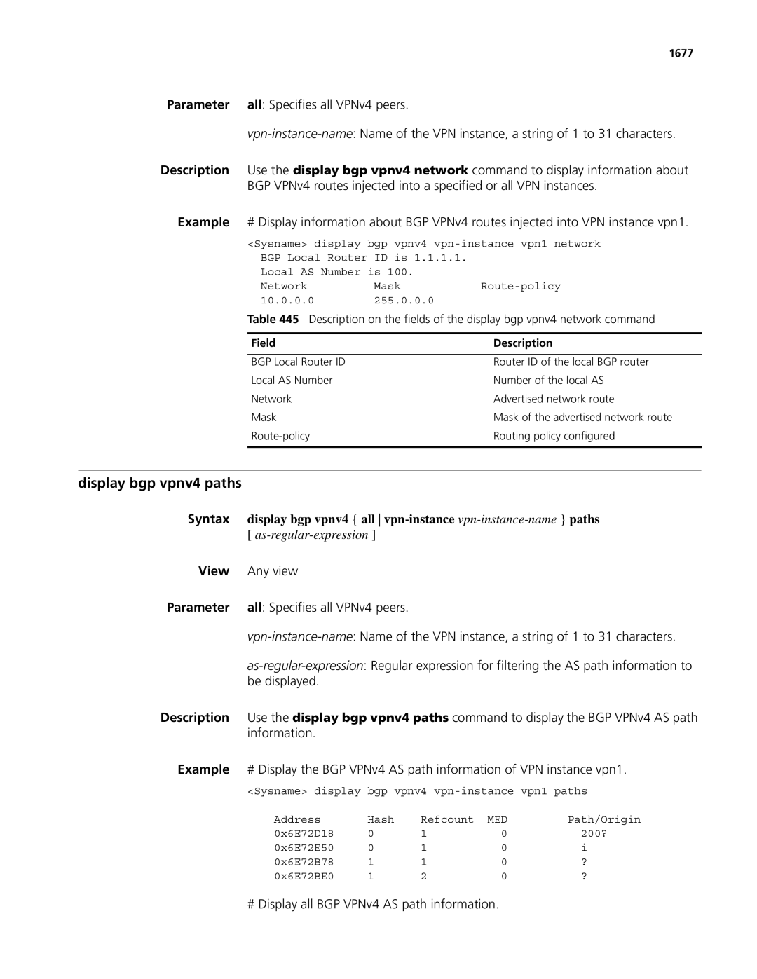 3Com MSR 50 manual Display bgp vpnv4 paths, Display bgp vpnv4 all vpn-instance vpn-instance-name paths, Be displayed, 1677 